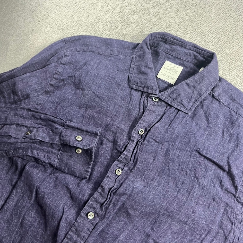 Todd Snyder x Albini Italian Linen Button Down Shirt Navy Blue Mens 15.5